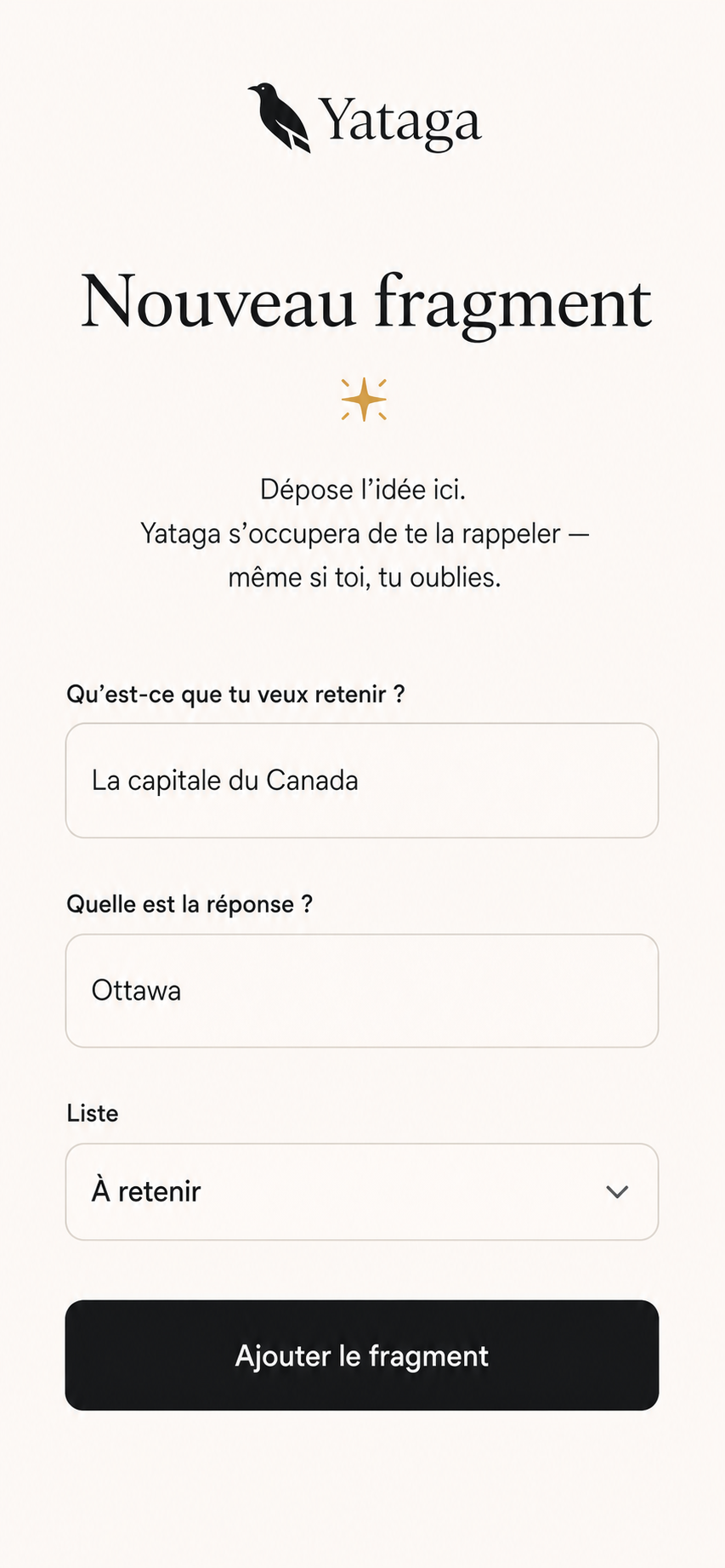 Écran d’ajout d’un fragment